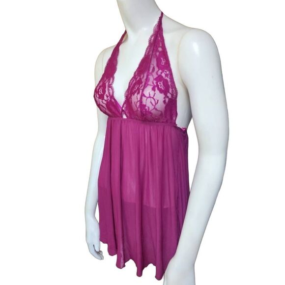 Dreamgirl Magenta Mesh & Lace Halter Babydoll Chemise (M) - Picture 2 of 6